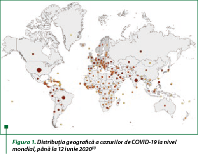 Figura 1. Distribuţia geografică a cazurilor de COVID-19 la nivel mondial, până la 12 iunie 2020(1)