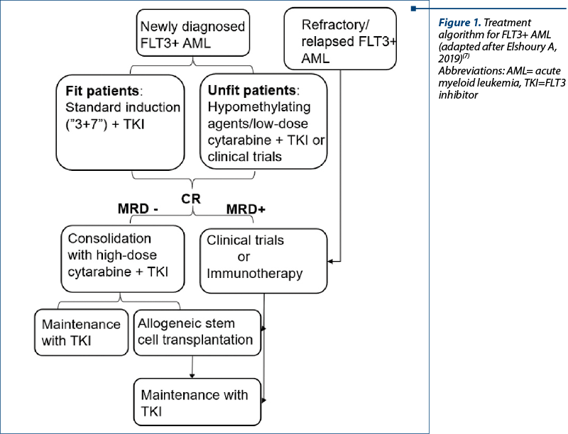 Figure 1. Treatment algorithm for FLT3+ AML (adapted after Elshoury A, 2019)(7) Abbreviations: AML= acute myeloid leukemia, TKI=FLT3 inhibitor