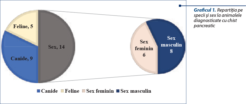 Graficul 1. Repartiţia pe specii şi sex la animalele diagnosticate cu chist pancreatic