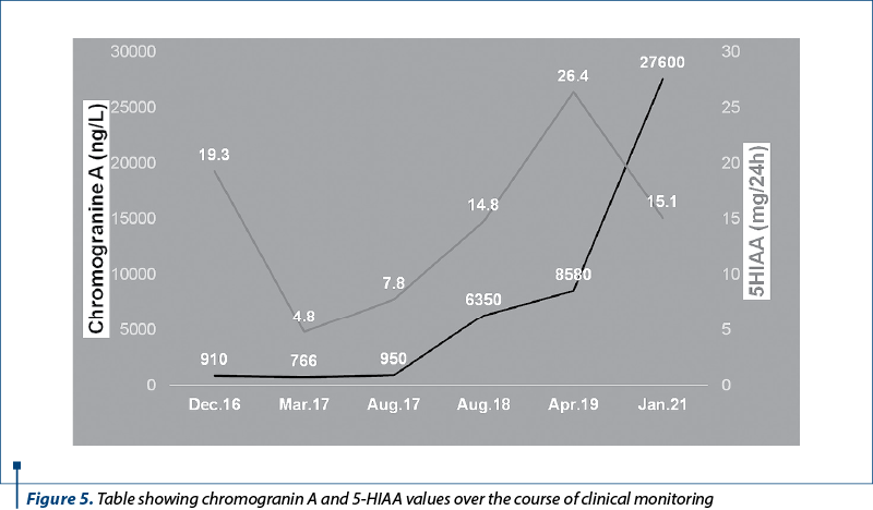Figure 5. Table showing chromogranin A and 5-HIAA values over the course of clinical monitoring