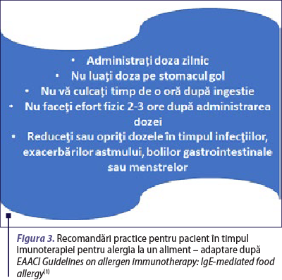 Figura 3. Recomandări practice pentru pacient în timpul imunoterapiei pentru alergia la un aliment – adaptare după EAACI Guidelines on allergen immunotherapy: IgE-mediated food allergy(1)