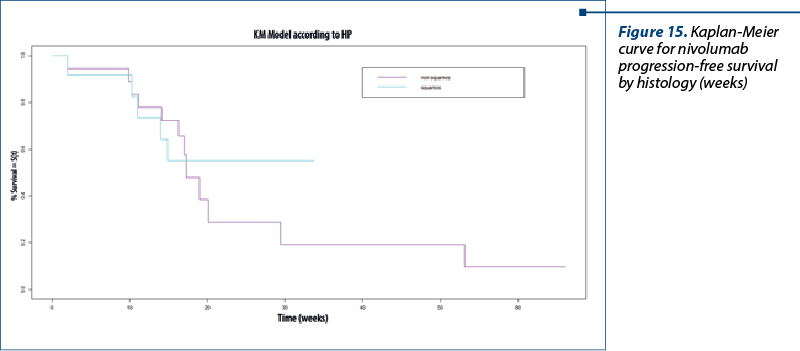Figure 15. Kaplan-Meier curve for nivolumab progression-free survival  by histology (weeks)