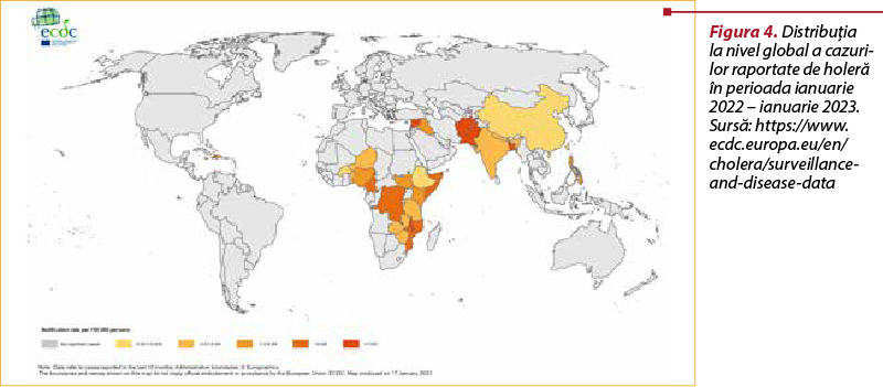 Figura 4. Distribuţia  la nivel global a ca­zu­ri­lor raportate de holeră în perioada ianuarie 2022 – ianuarie 2023.  Sursă: https://www.ecdc.europa.eu/en/cholera/surveillance-and-disease-data
