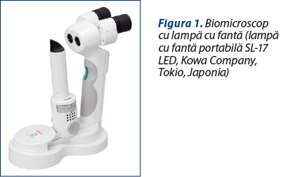 Figura 1. Biomicroscop cu lampă cu fantă (lampă cu fantă portabilă SL-17 LED, Kowa Company, Tokio, Japonia)