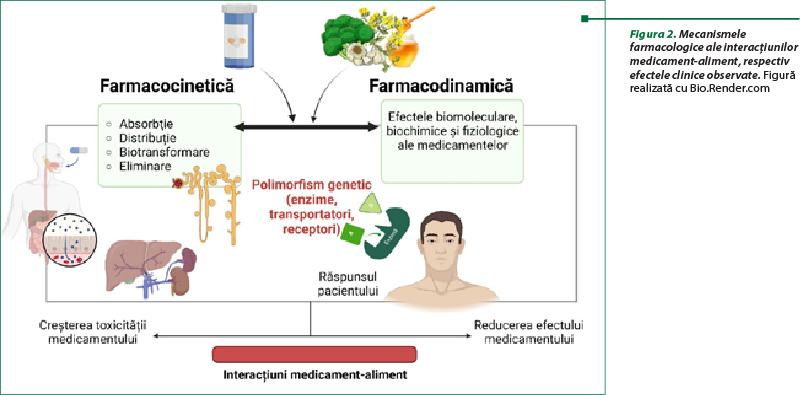 Figura 2. Mecanismele farmacologice ale interacţiunilor medicament-aliment, respectiv efectele clinice observate. Figură realizată cu Bio.Render.com
