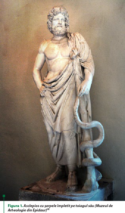 Figura 1. Asclepios cu şarpele împletit pe toiagul său (Muzeul de Arheologie din Epidaur)(4)