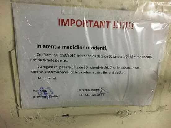 Spitalele din Bucureşti au informat deja medicii rezidenţi despre eliminarea tichetelor de masă de la 1 ianuarie 2018