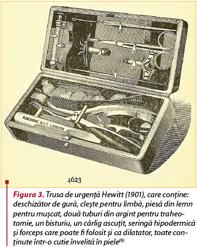 Figura 3. Trusa de urgenţă Hewitt (1901), care conţine: deschizător de gură, cleşte pentru limbă, piesă din lemn pentru muşcat, două tuburi din argint pentru tra­heo­tomie, un bisturiu, un cârlig ascuţit, seringă hipodermică şi forceps care poate fi folosit şi ca dilatator, toate con­ţinute într-o cutie învelită în piele(9)