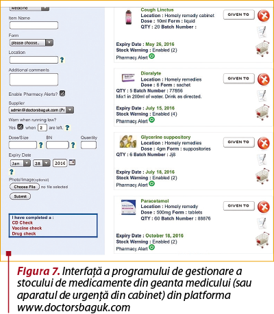 Figura 7. Interfaţă a programului de gestionare a stocului de medicamente din geanta medicului (sau aparatul de urgenţă din cabinet) din platforma  www.doctorsbaguk.com