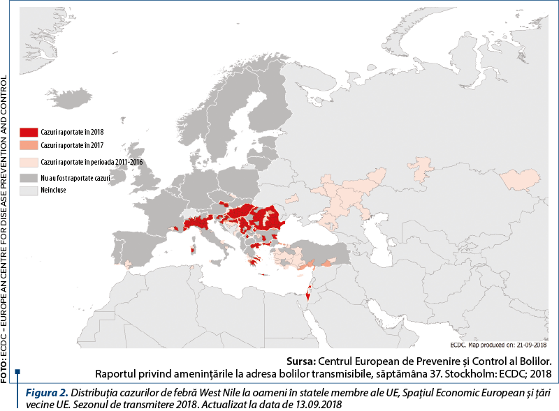 Figura 2. Distribuţia cazurilor de febră West Nile la oameni în statele membre ale UE, Spaţiul Economic European şi ţări vecine UE. Sezonul de transmitere 2018. Actualizat la data de 13.09.2018