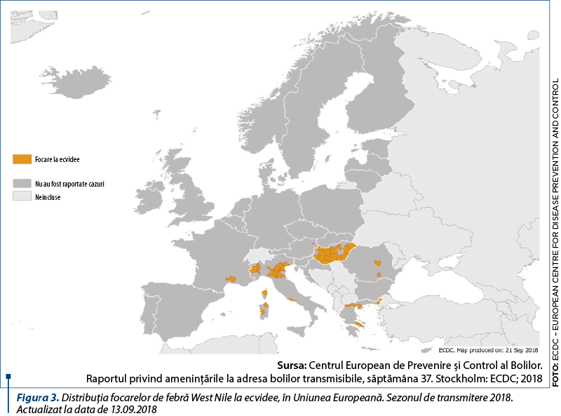 Figura 3. Distribuţia focarelor de febră West Nile la ecvidee, în Uniunea Europeană. Sezonul de transmitere 2018. Actualizat la data de 13.09.2018