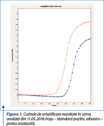 Figura 1. Curbele de amplificare rezultate în urma analizei din 11.05.2018 (roşu – standard pozitiv, albastru – proba analizată)