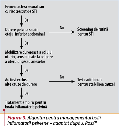 Figura 3. Algoritm pentru managementul bolii inflamatorii pelviene – adaptat după J. Ross(4)